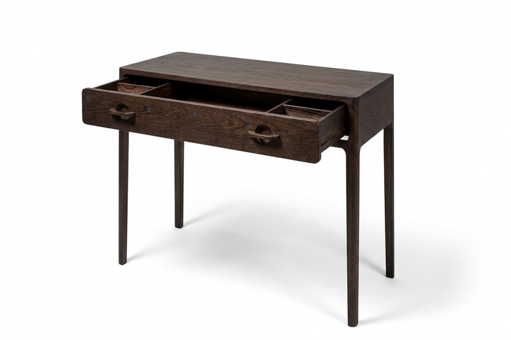 Dark wooden desk with multiple drawers on a white background