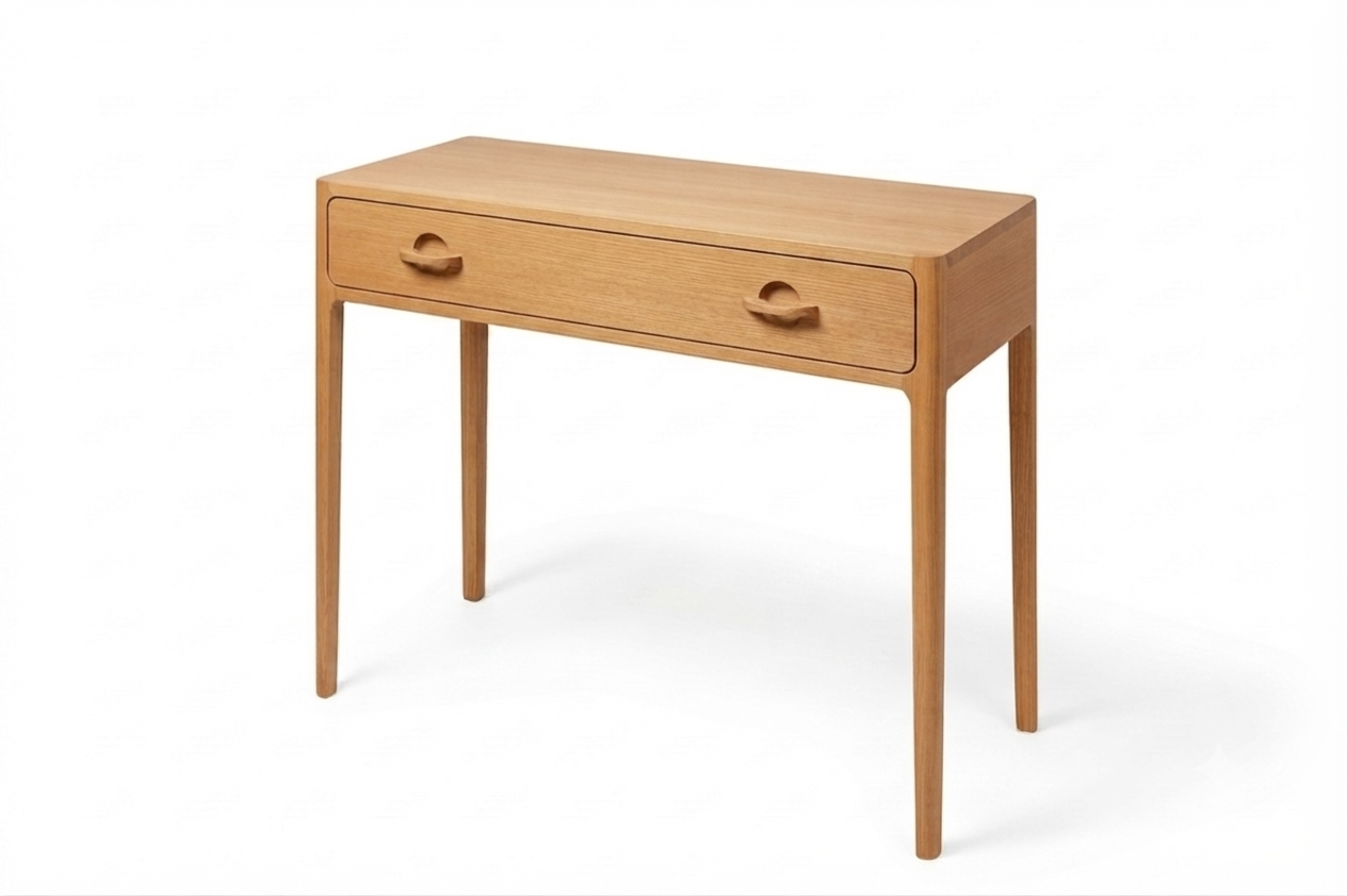 A mid-century modern wooden console table with a single drawer, tapered legs, and curved wooden drawer pulls, shown on a white background.
