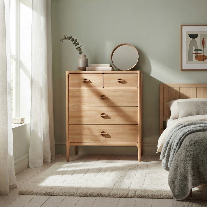 A light natural wood chest of drawers with five drawers and small round handles, styled in a bright bedroom next to a bed with a gray blanket.