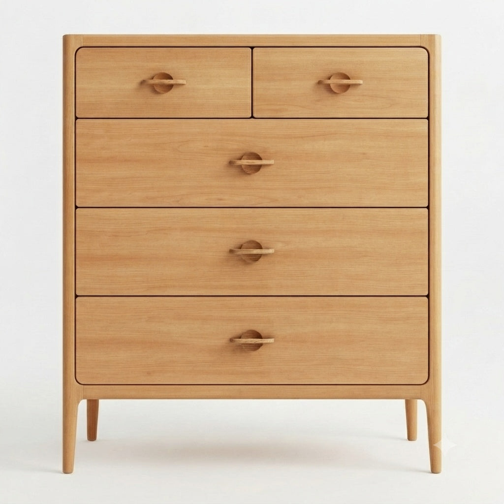 A mid-century modern wooden chest of drawers with a light oak finish, featuring five drawers and round metal pulls, set against a plain white background.