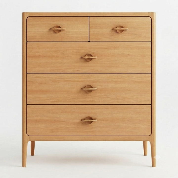 A mid-century modern wooden chest of drawers with a light oak finish, featuring five drawers and round metal pulls, set against a plain white background.