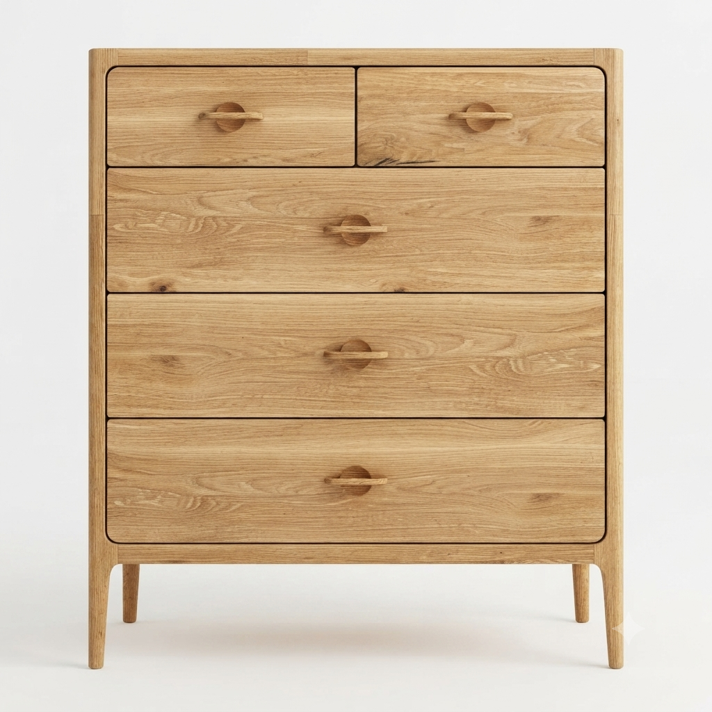 Elin 3+2 Drawer Dresser in Natural Oak - front view showing warm oak grain, recessed handles, and tapered legs