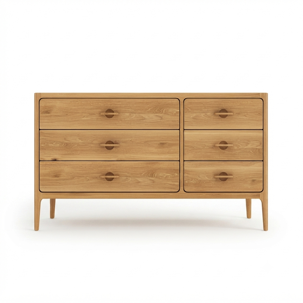 Elin Natural Oak 6-Drawer Dresser - front view showing 3x2 drawer layout with carved wooden handles  on white background