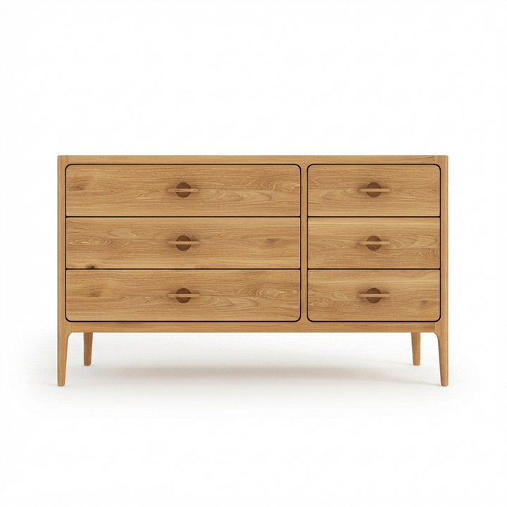 Elin Natural Oak 6-Drawer Dresser - front view showing 3x2 drawer layout with carved wooden handles  on white background