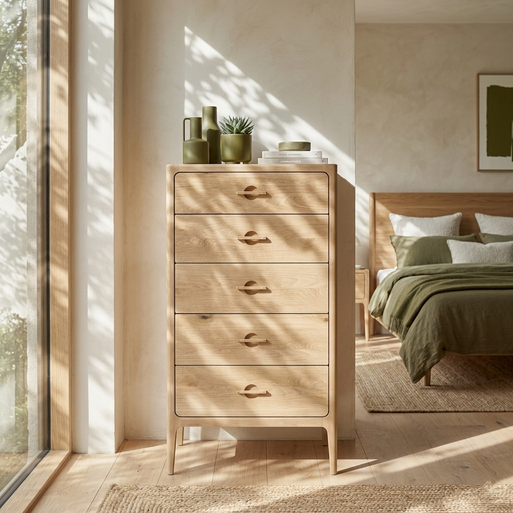 Elin 5-Drawer Oak Chest of Drawers in a sunlit bedroom beside a large window, green bedding in background