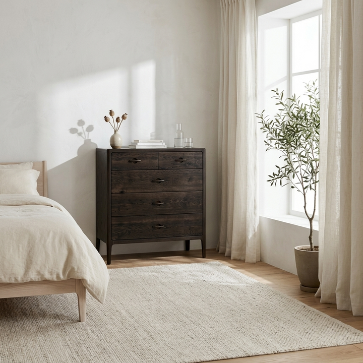 Elin Premium Oak Dresser in Espresso Oak styled in a minimalist bedroom with natural linen bedding and an olive tree