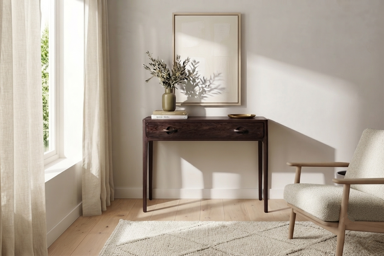 A dark wood console table in a bright, modern room setting with a window, beige curtains, a framed print, and a light-colored armchair.