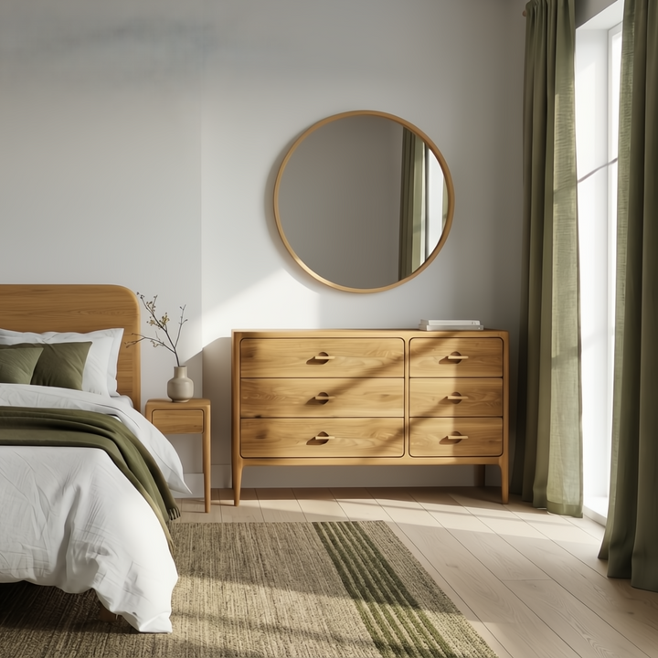 Elin Natural Oak 6-Drawer Dresser styled in a bright Scandinavian bedroom with olive linen bedding, and round oak mirror