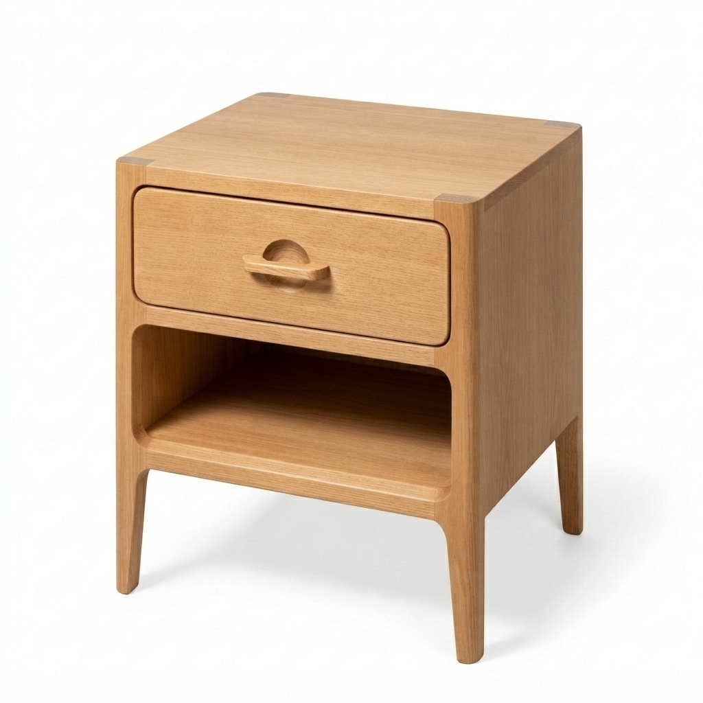 A mid-century modern wooden nightstand with a single drawer, open shelf, and tapered legs, shown on a clean white background.