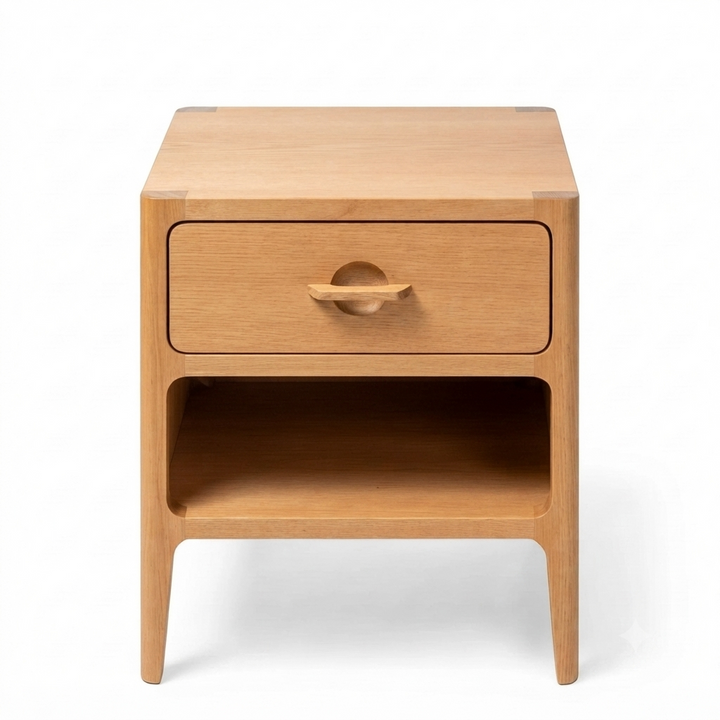 A light oak wood nightstand with a single drawer featuring a circular pull handle and an open shelf below, shown on a white background.