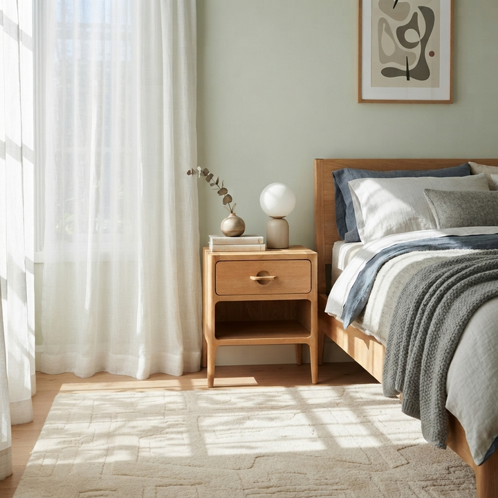 A styled bedroom scene featuring a light oak wood nightstand with a single drawer and open shelf, positioned between a bed with gray and blue bedding and a window with sheer white curtains.
