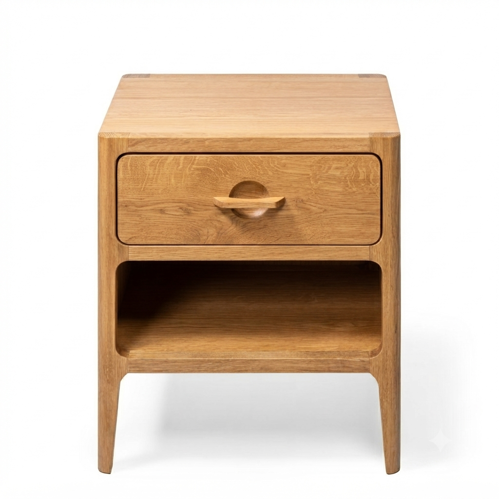 Elin Natural Oak Nightstand - front view showing one drawer with carved wooden handle and lower shelf on white background