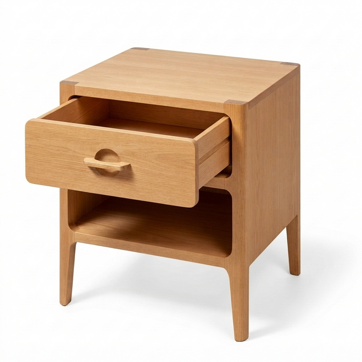 A mid-century modern wooden nightstand with a warm oak finish, featuring an open shelf and one pulled-out drawer with a minimalist wooden handle, set against a plain white background.
