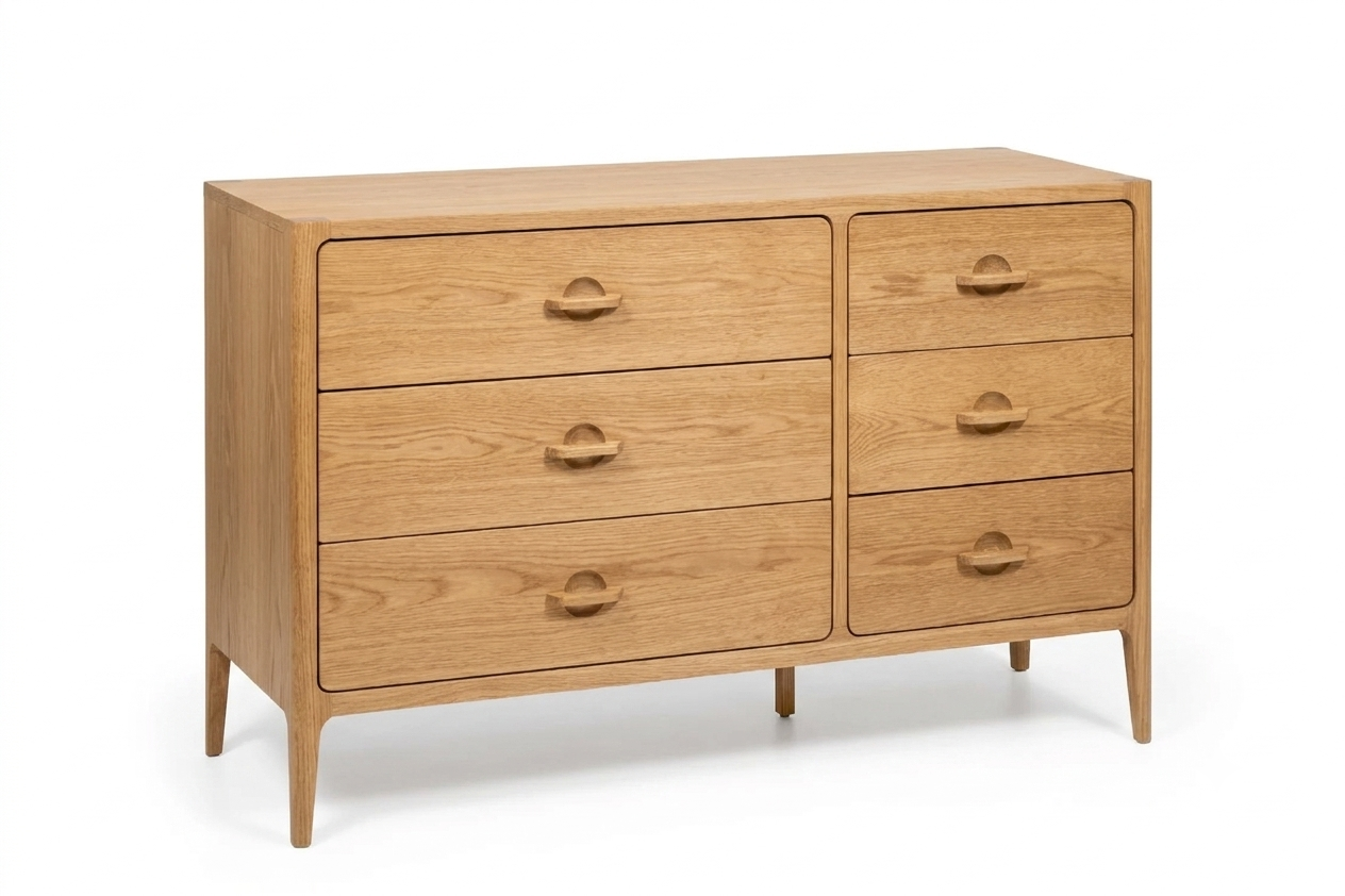 Elin Natural Oak 6-Drawer Dresser - angled view highlighting solid oak grain texture, and softly rounded corners