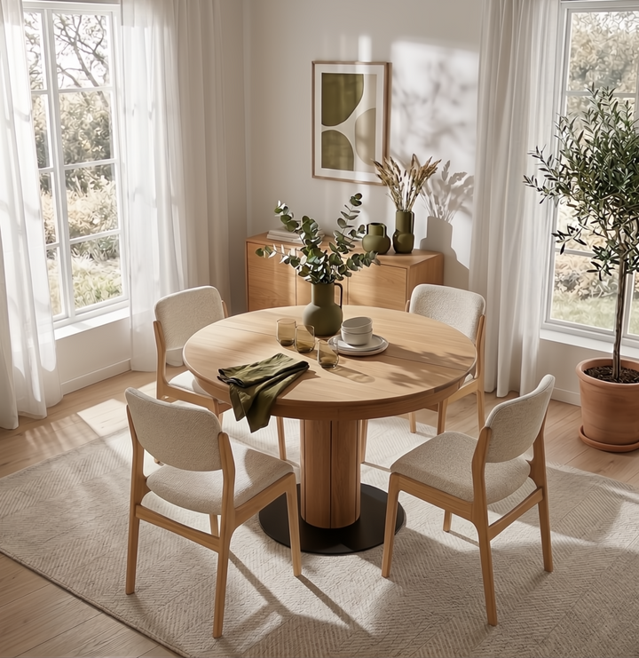Dining room with a round wooden table and chairs, decorated with plants and a rug.