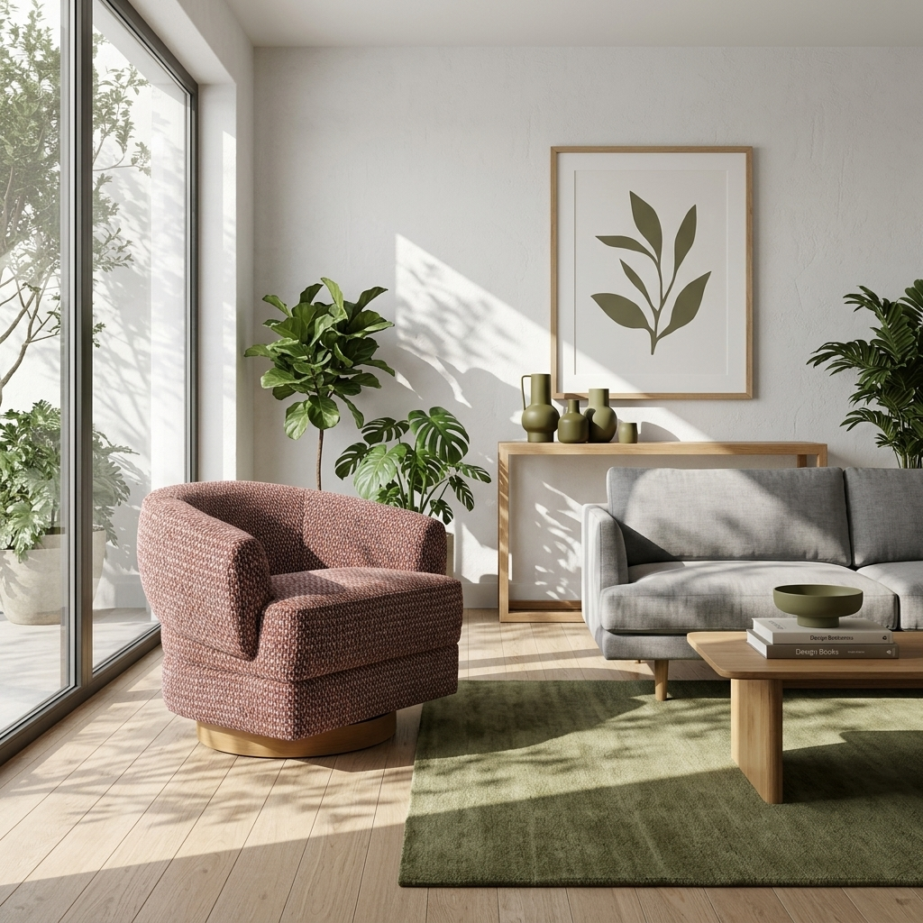 A styled living room interior featuring a textured dusty rose armchair next to a gray sofa, with a green rug, wooden coffee table, and potted plants in a bright, sunlit room.