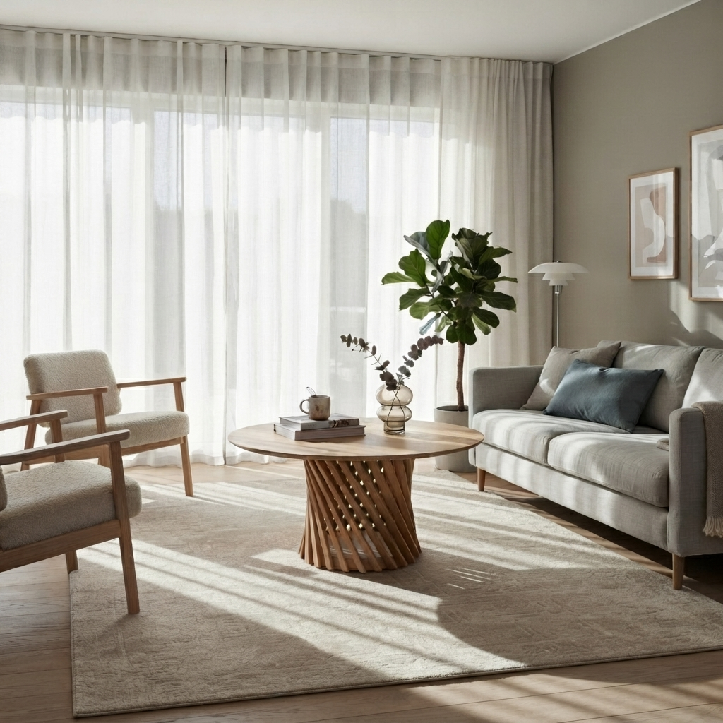 A modern living room with a light gray sofa, matching armchair, round wooden coffee table, beige rug, sheer white curtains, and a potted green plant.