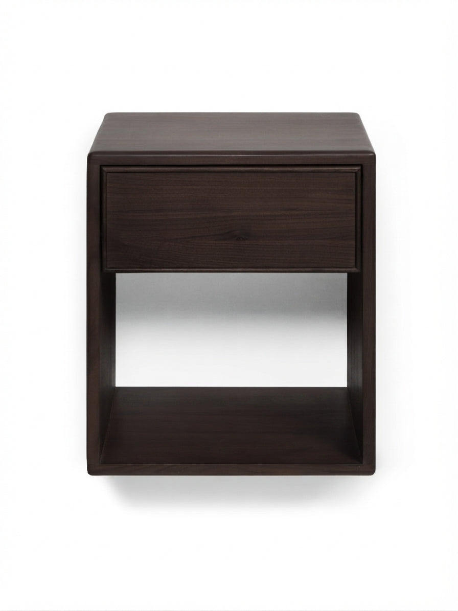 A dark brown wooden nightstand with a single drawer and an open shelf, shown from a front-facing perspective against a plain white background.