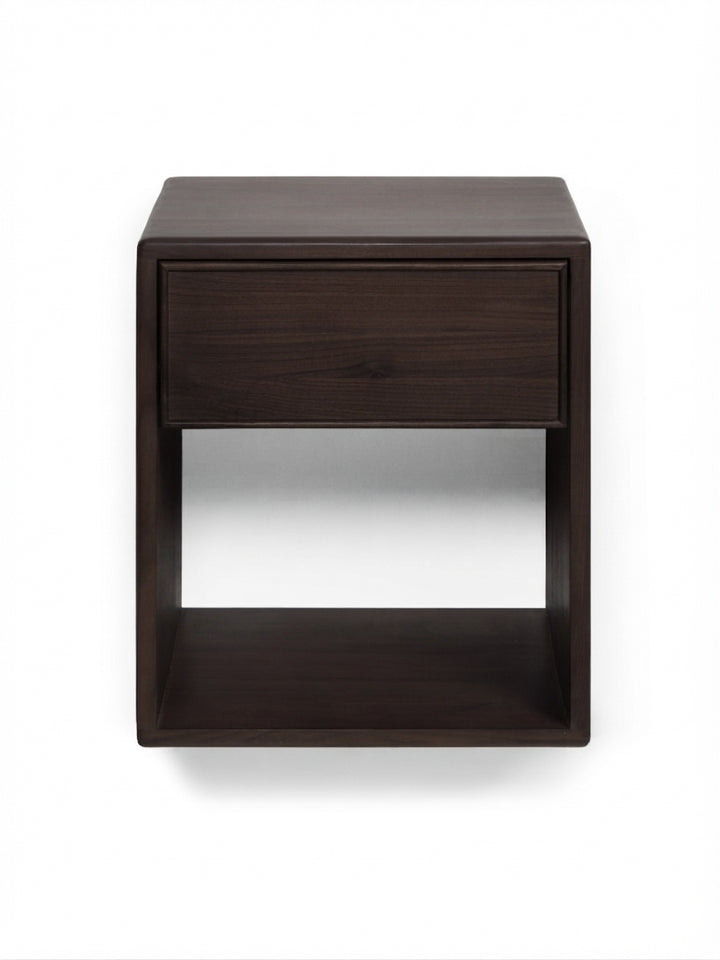 A dark brown wooden nightstand with a single drawer and an open shelf, shown from a front-facing perspective against a plain white background.