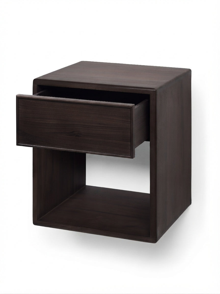 Dark brown floating nightstand with a single open drawer and open shelf, shown on a white background.