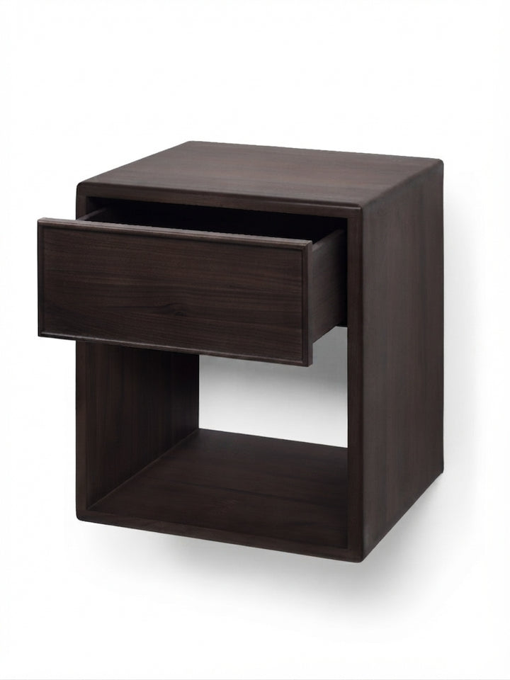 Dark brown floating nightstand with a single open drawer and open shelf, shown on a white background.