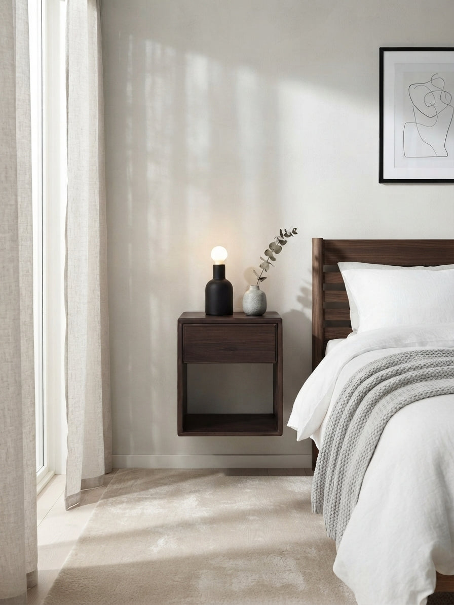 A modern bedroom scene featuring a dark brown floating nightstand beside a bed with white bedding and a gray knit throw. On the nightstand sits a black lamp and a small gray vase with dried stems.