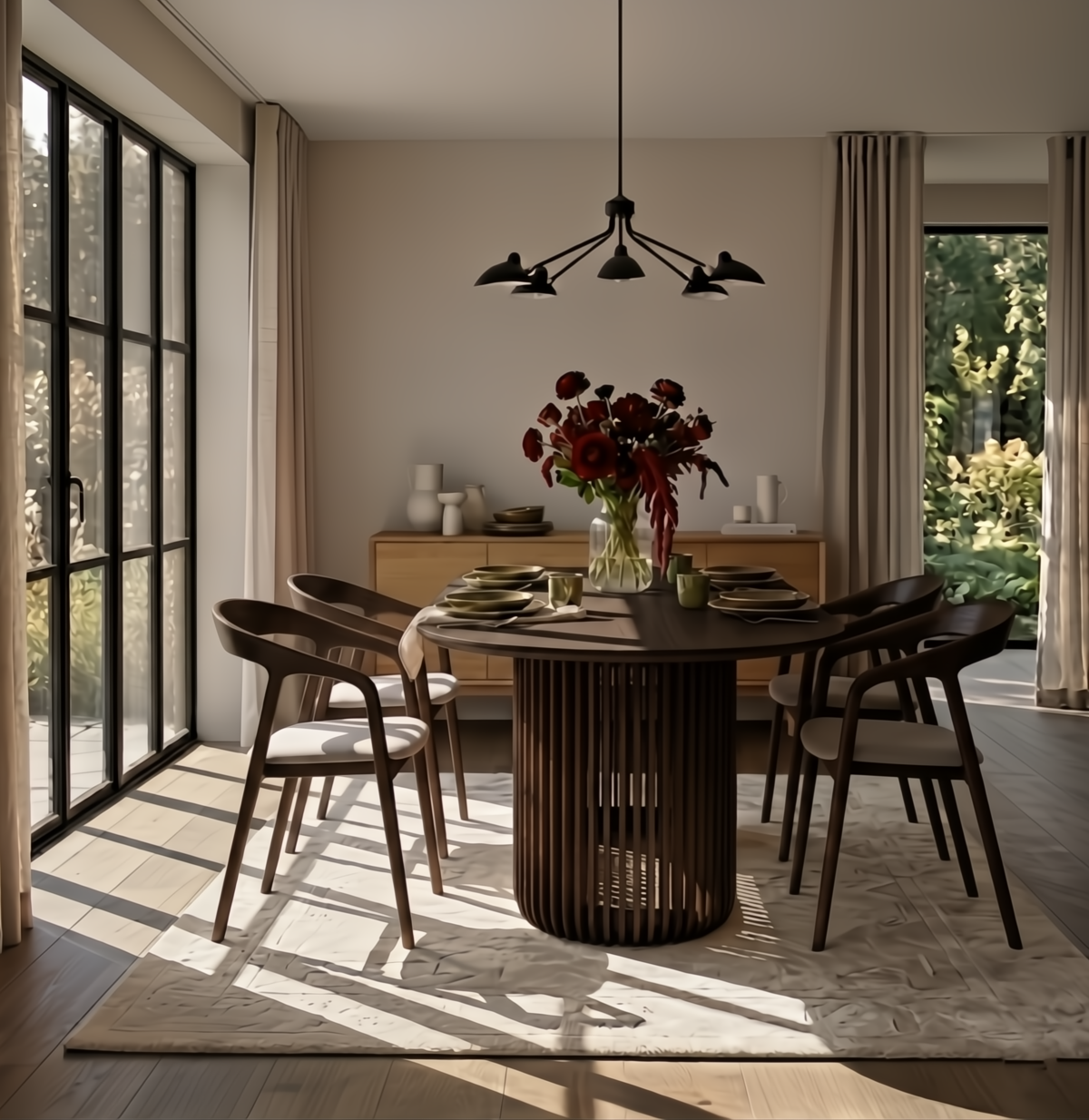Dining room with wooden table and chairs, large windows, and a vase of flowers.