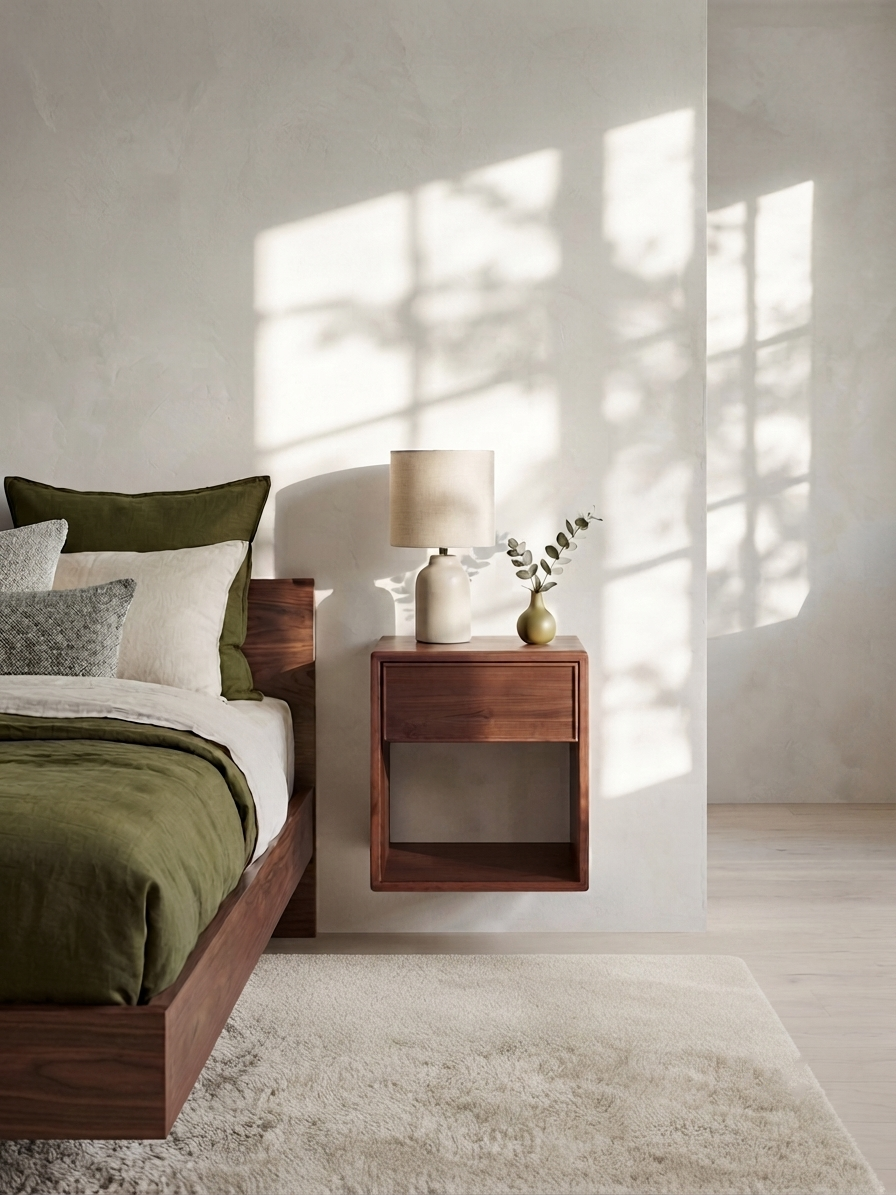 A modern bedroom scene with a dark wood floating nightstand holding a beige table lamp and a small vase, beside a bed with olive green and cream bedding. Sunlight with window shadows is cast on a textured off-white wall and light wood floor.