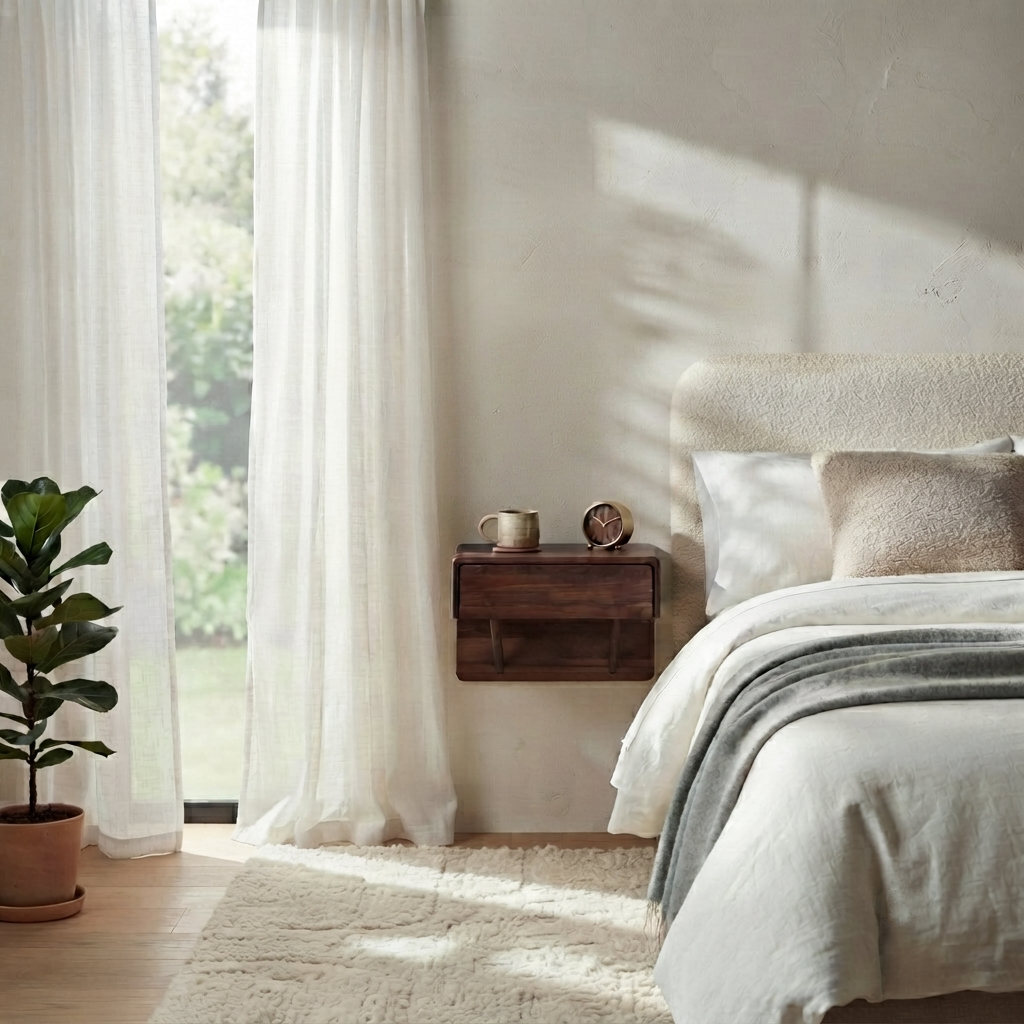 A styled bedroom scene with a bed dressed in white and gray bedding, a dark wooden floating nightstand, sheer white curtains, a potted plant, and warm sunlight streaming across the wall.