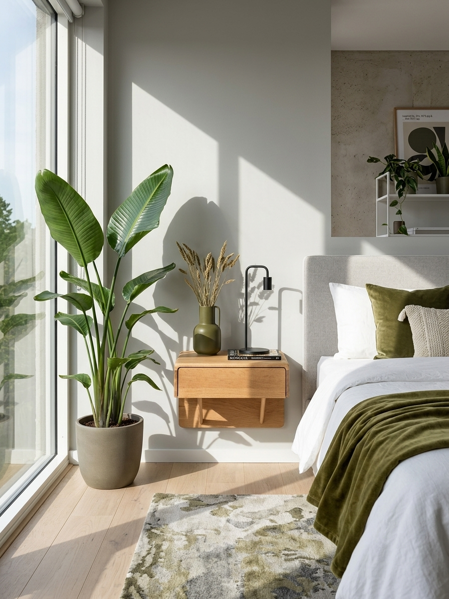 Bedroom lifestyle - Frank wall-mounted oak nightstand styled in a bright bedroom with tropical plant, and green cushions