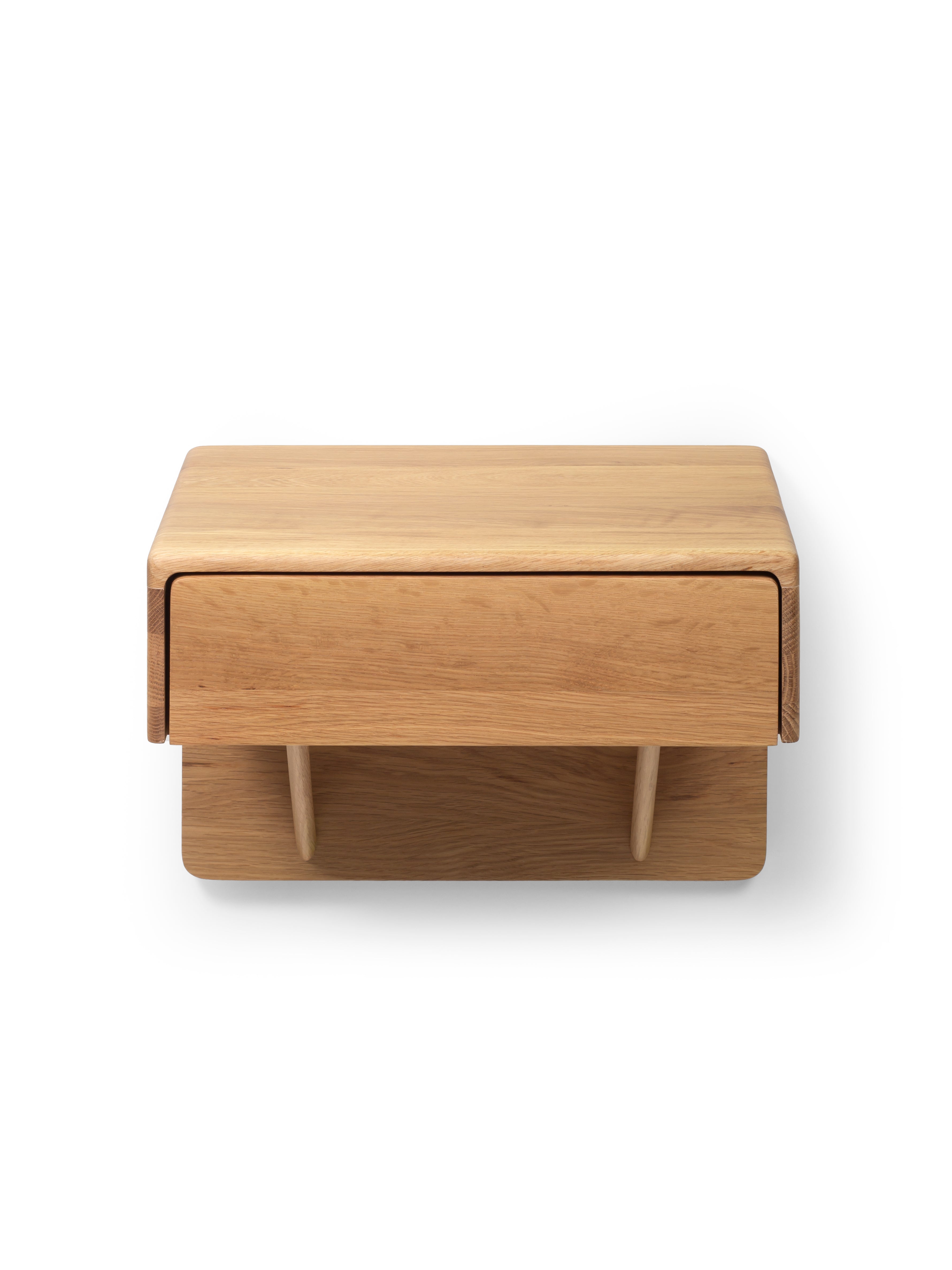 Front product shot - Frank floating oak nightstand with single drawer and open shelf, front view on white background