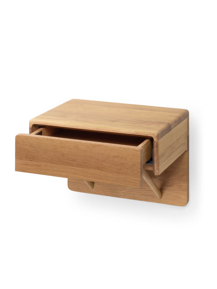 Open drawer angled - Frank oak floating nightstand with drawer pulled open, angled view showing interior storage space