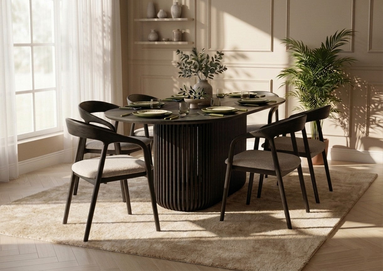 Dining room with a round black table and chairs in a well-lit room.
