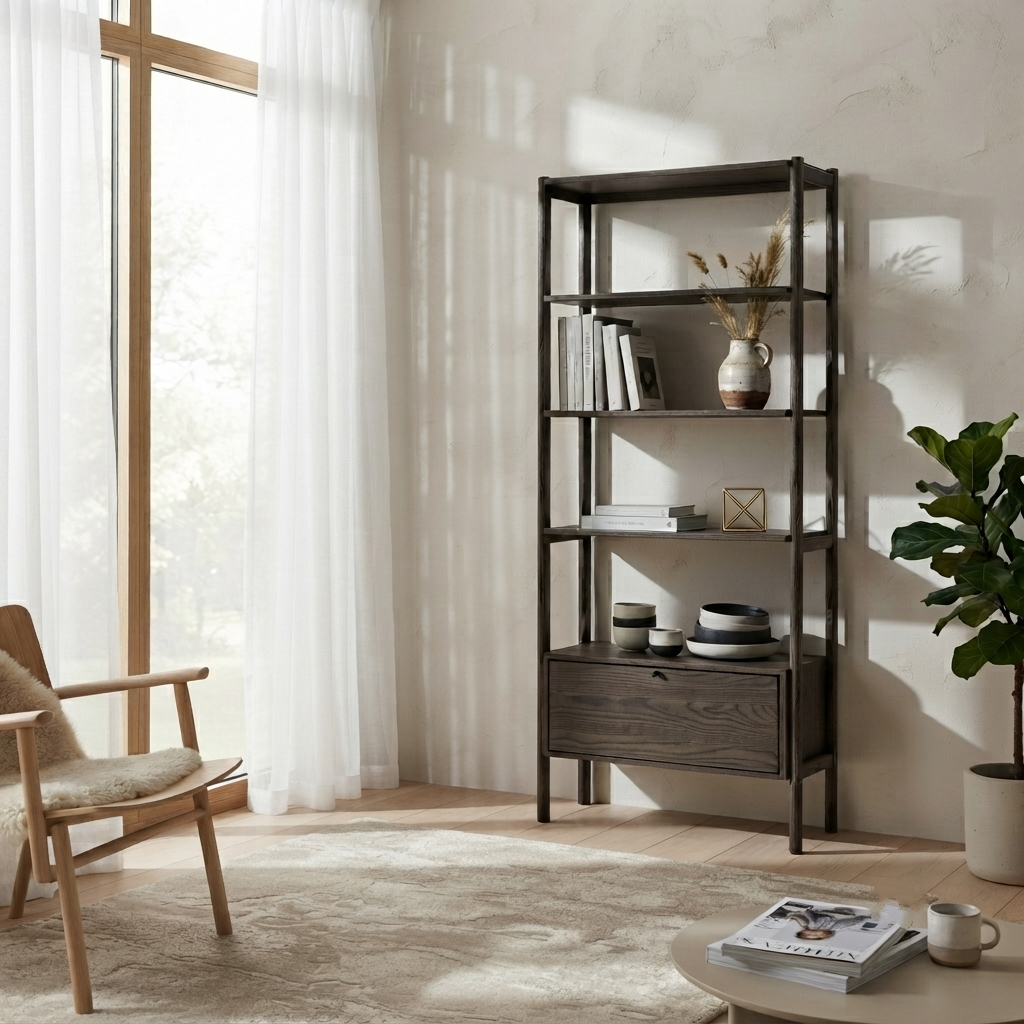 A tall, narrow dark wood shelving unit with five open shelves and a drawer, styled in a bright, modern living room next to a window with sheer curtains.