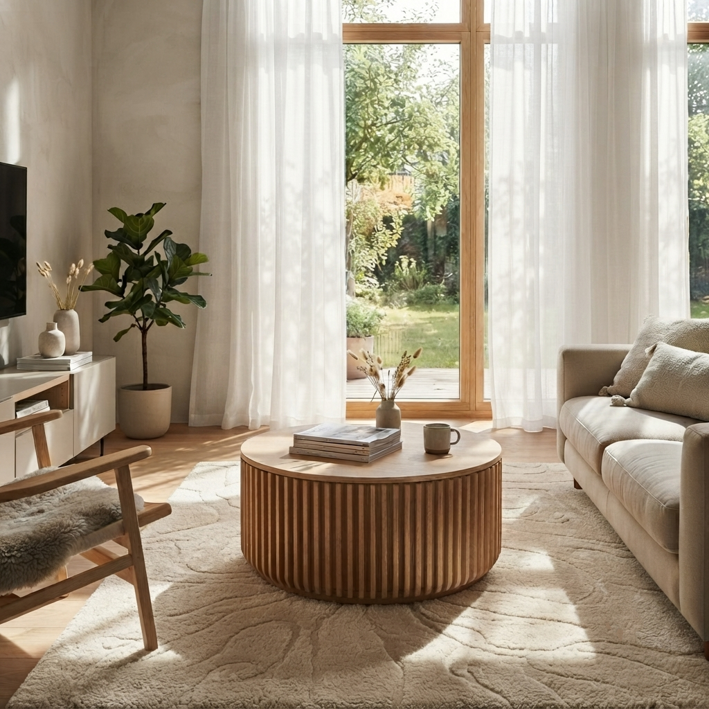 A modern round ribbed wooden coffee table in a bright, sunlit living room with a beige sofa, white curtains, and a large window overlooking a green garden.