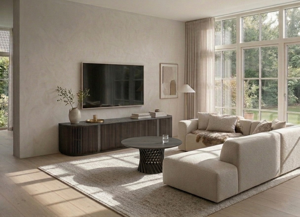 Luxurious modern living room with a large window, sofa, and TV.