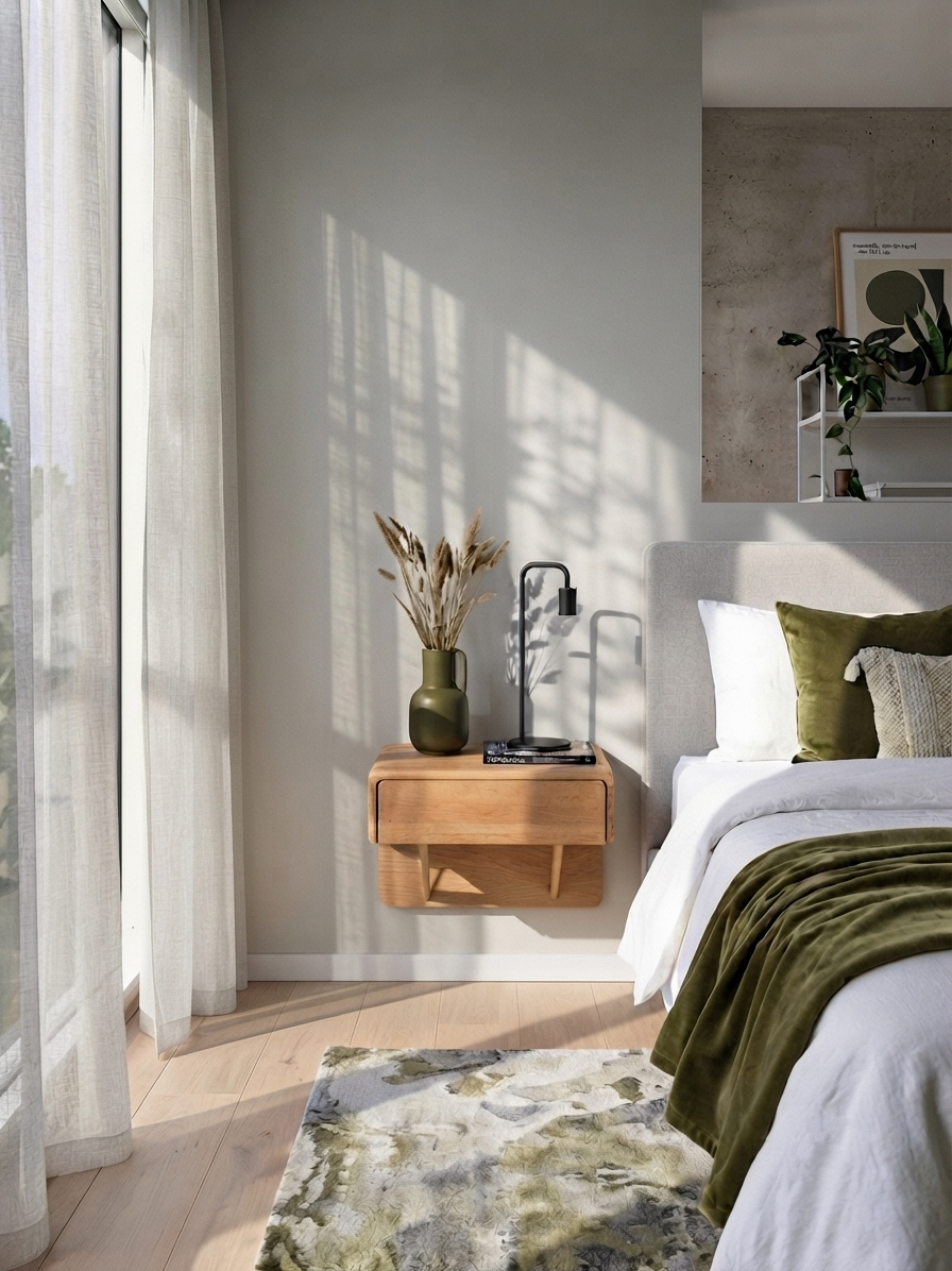 A modern bedroom scene with a bed dressed in white bedding and an olive green throw blanket, next to a floating wooden nightstand holding a green vase with dried grasses and a black lamp. Sunlight streams across the wall and floor, and a patterned rug is visible in the foreground.