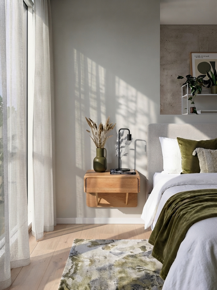 A modern bedroom scene with a bed dressed in white bedding and an olive green throw blanket, next to a floating wooden nightstand holding a green vase with dried grasses and a black lamp. Sunlight streams across the wall and floor, and a patterned rug is visible in the foreground.