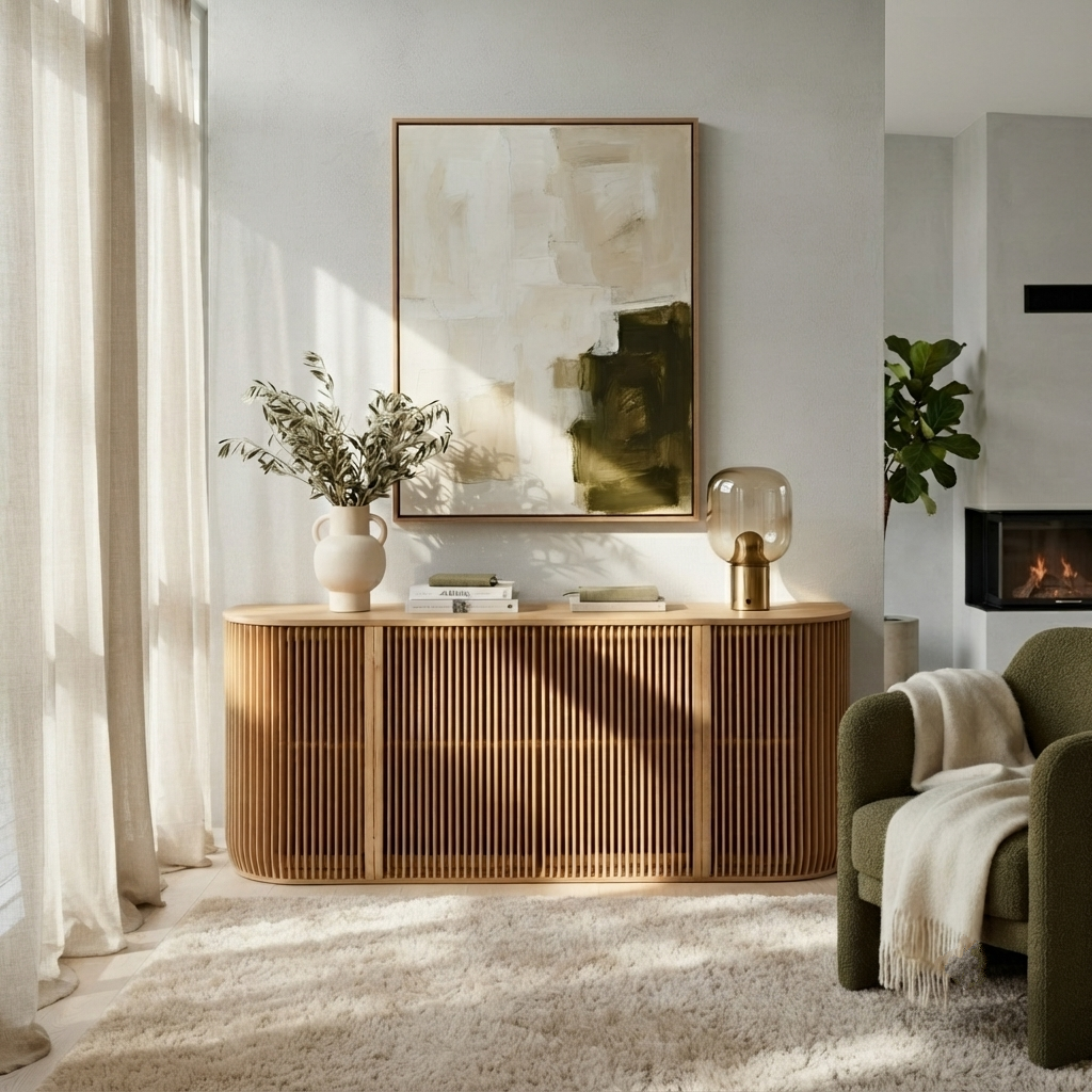 A modern curved wooden console table with vertical slat detailing in a warm light brown finish, styled in a bright, sunlit living room with a vase, books, and a glass table lamp on top, beneath a large abstract framed print.