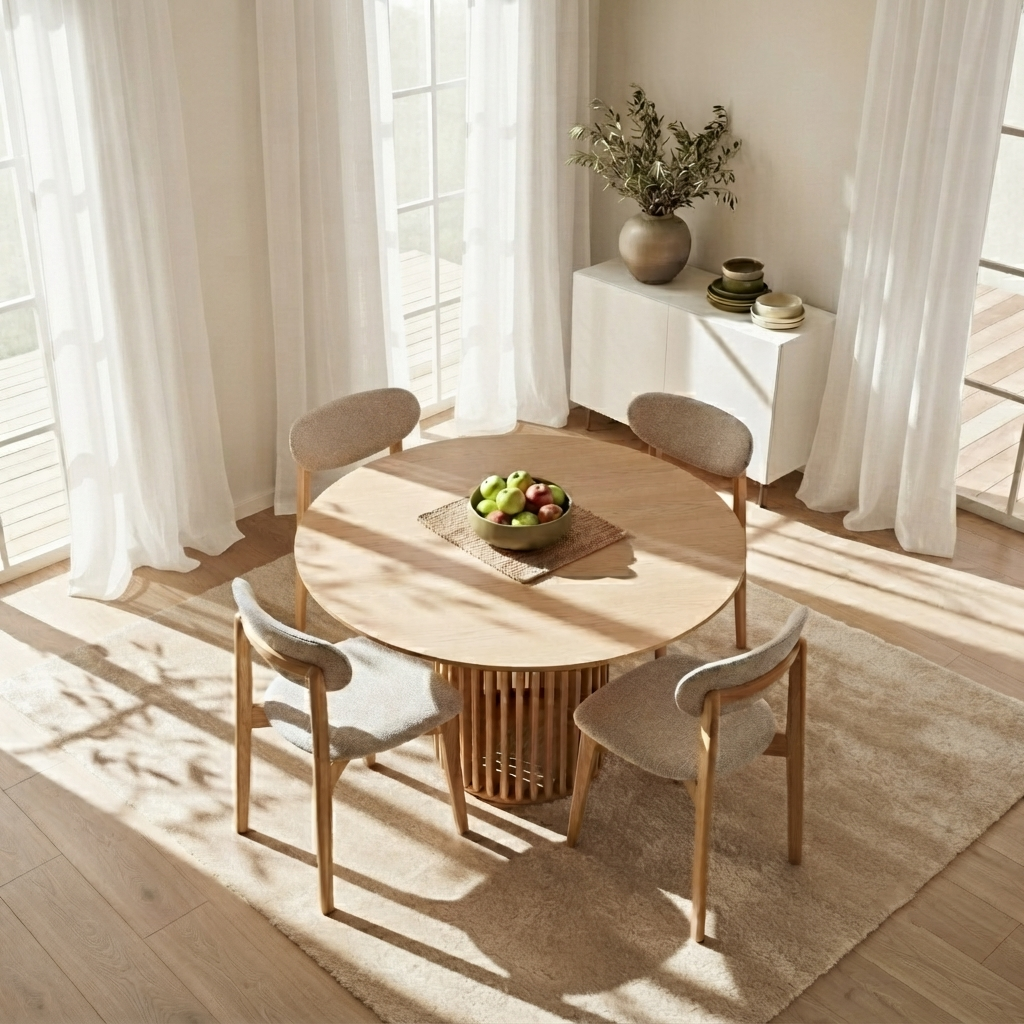 A round light wood dining table with a slatted pedestal base, surrounded by four upholstered chairs in a bright, sunlit room with sheer white curtains and a beige rug.