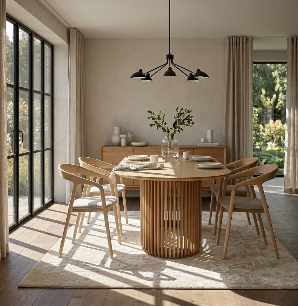 A modern dining room featuring a round light oak wood table with a ribbed pedestal base, surrounded by four matching wooden chairs with white cushions. The room is styled with a beige rug, a wooden credenza, and a black multi-arm pendant light, with natural light streaming in from large black-framed windows.