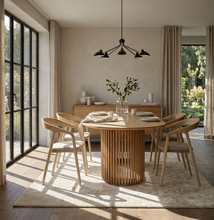 A modern dining room featuring a round light oak wood table with a ribbed pedestal base, surrounded by four matching wooden chairs with white cushions. The room is styled with a beige rug, a wooden credenza, and a black multi-arm pendant light, with natural light streaming in from large black-framed windows.
