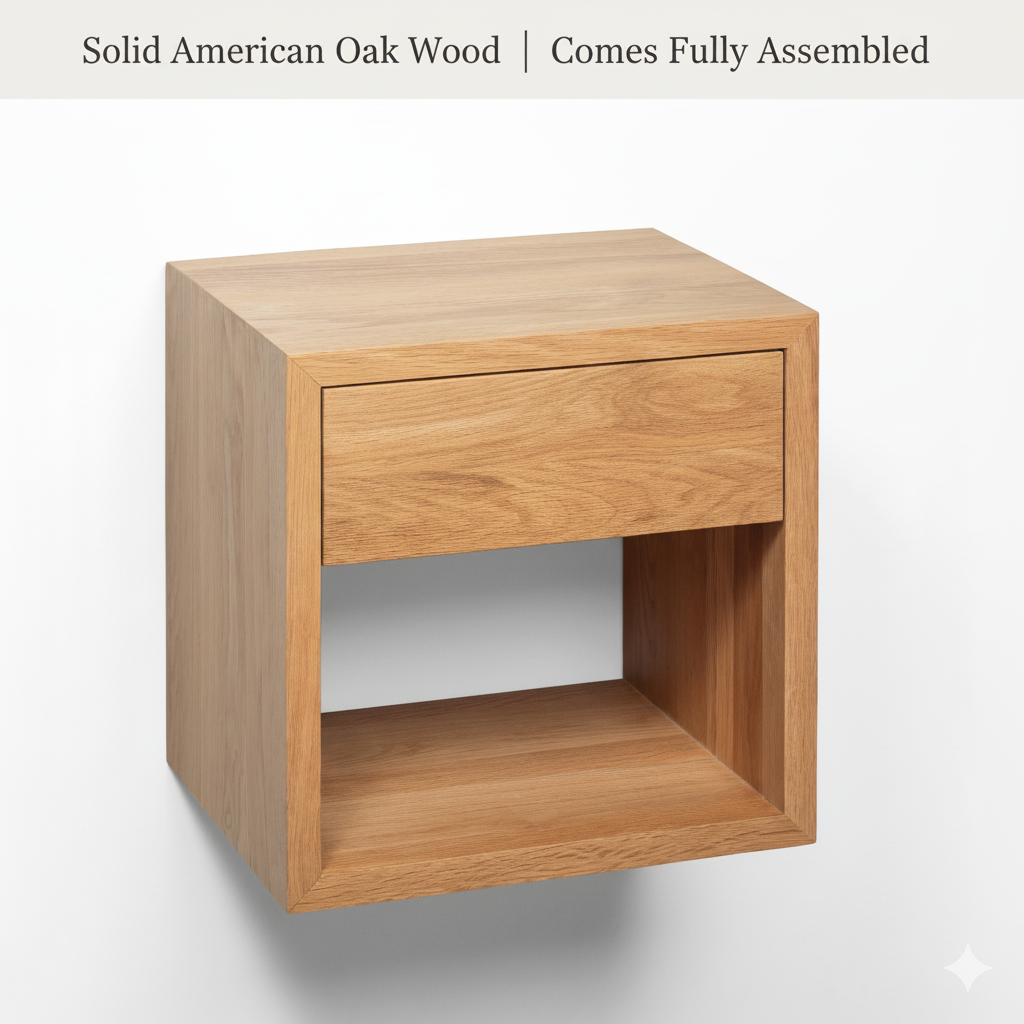 Hugo Floating Nightstand – Solid American Oak, Handmade Design
