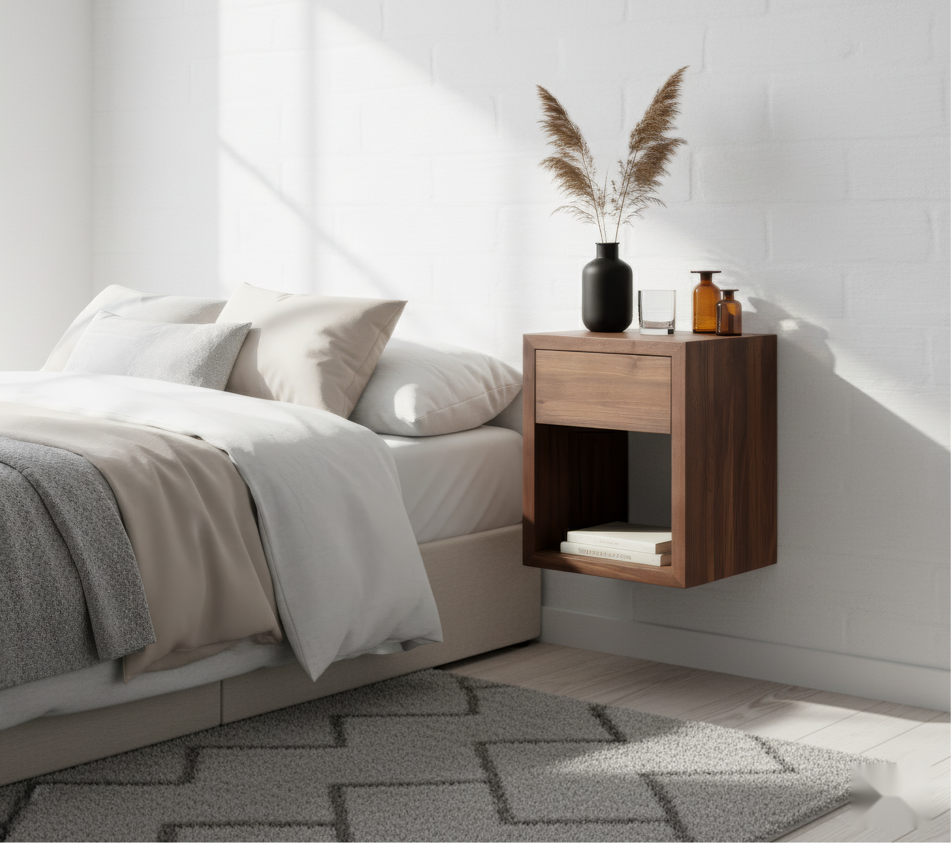 Small Nightstand Hugo With Soft-Close Drawer - Walnut Matte Lacquer Finish