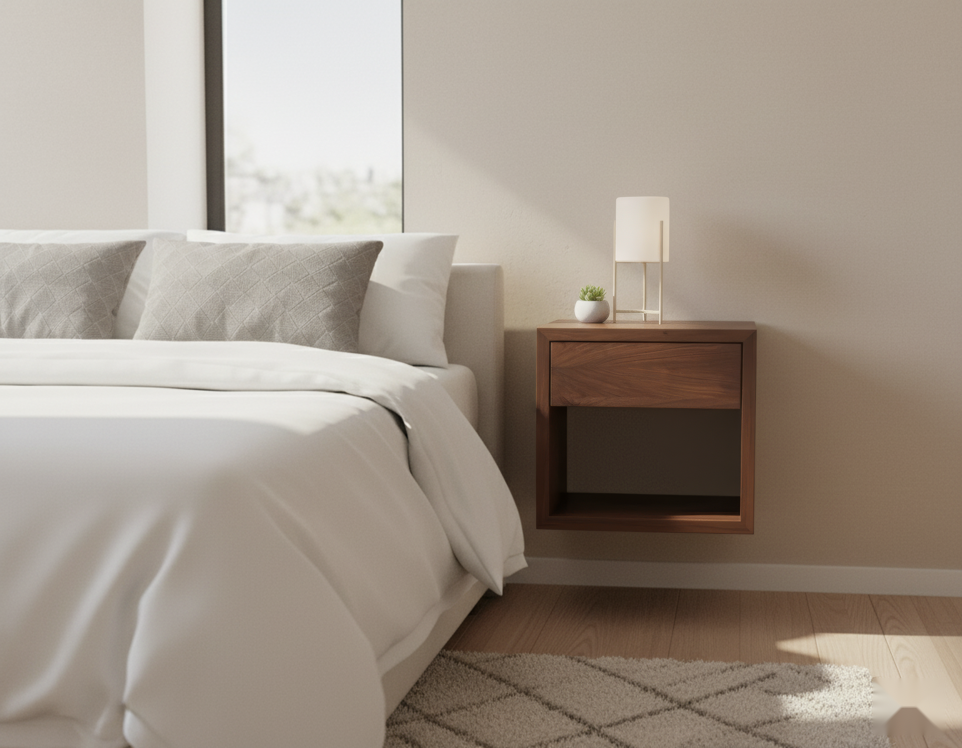 Hugo Floating Nightstand - Walnut Wood Finished in Matte Lacquer