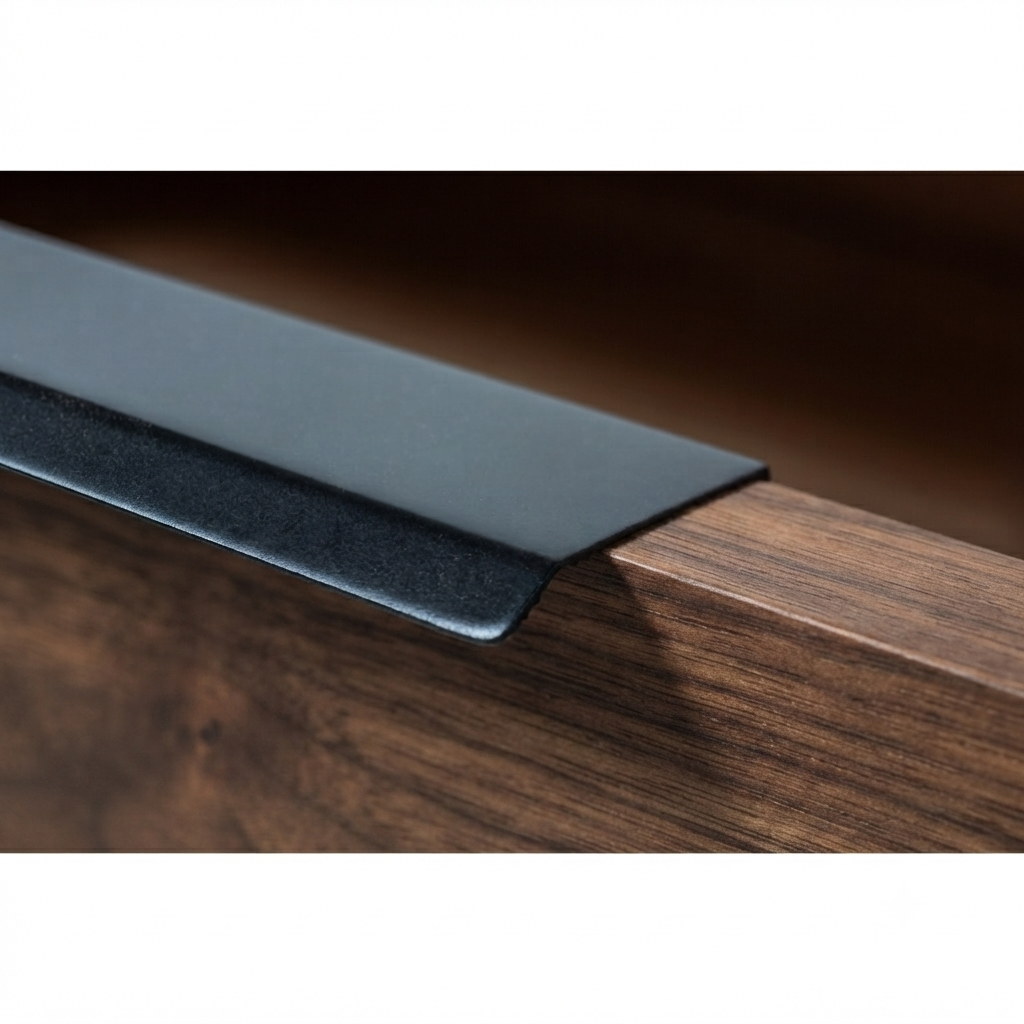 Handle close-up - Close-up of matte black metal handle on Harry walnut wood dresser drawer