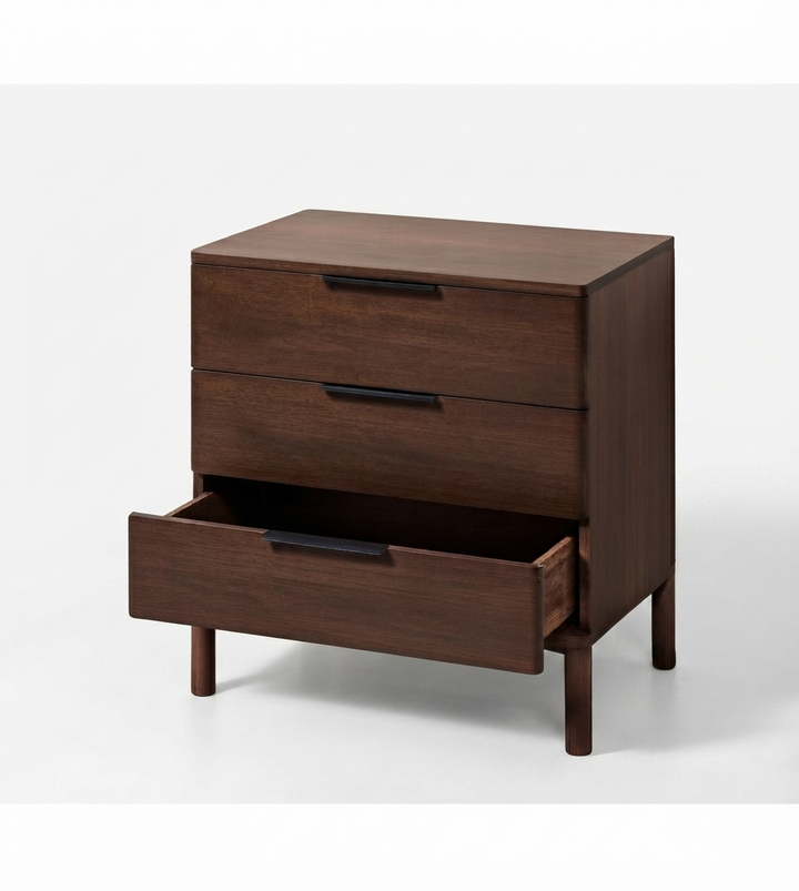 A dark brown wooden nightstand with two drawers, one of which is open, set against a clean white studio background.