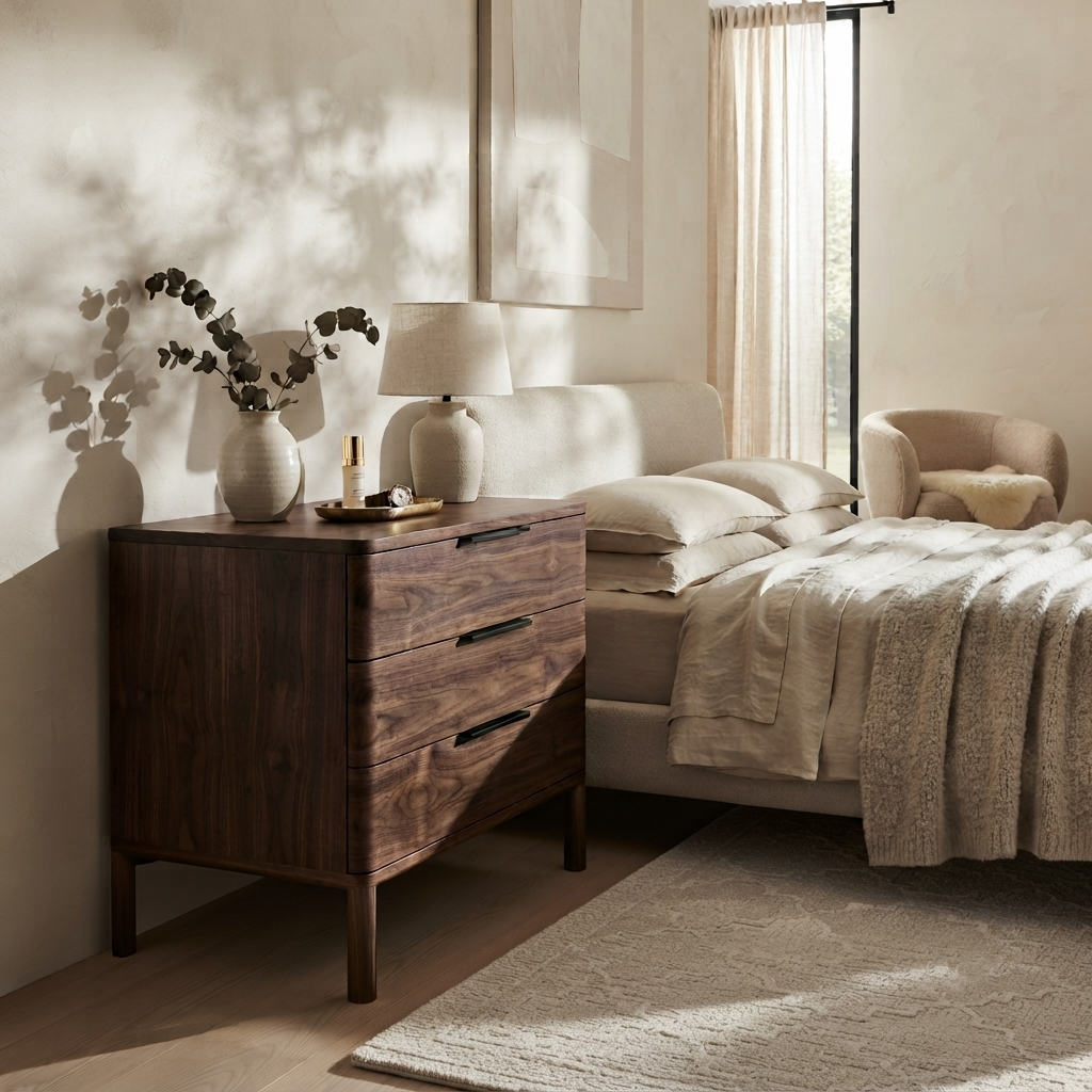 Bedroom lifestyle - Harry walnut wood 3-drawer dresser styled in a warm neutral bedroom
