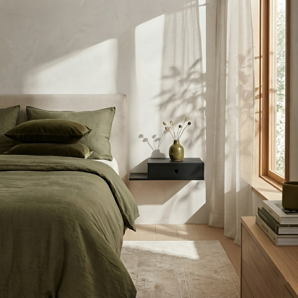 Hope Floating Nightstand in Black Beech - wall-mounted, single drawer and side shelf, solid black beech, front view