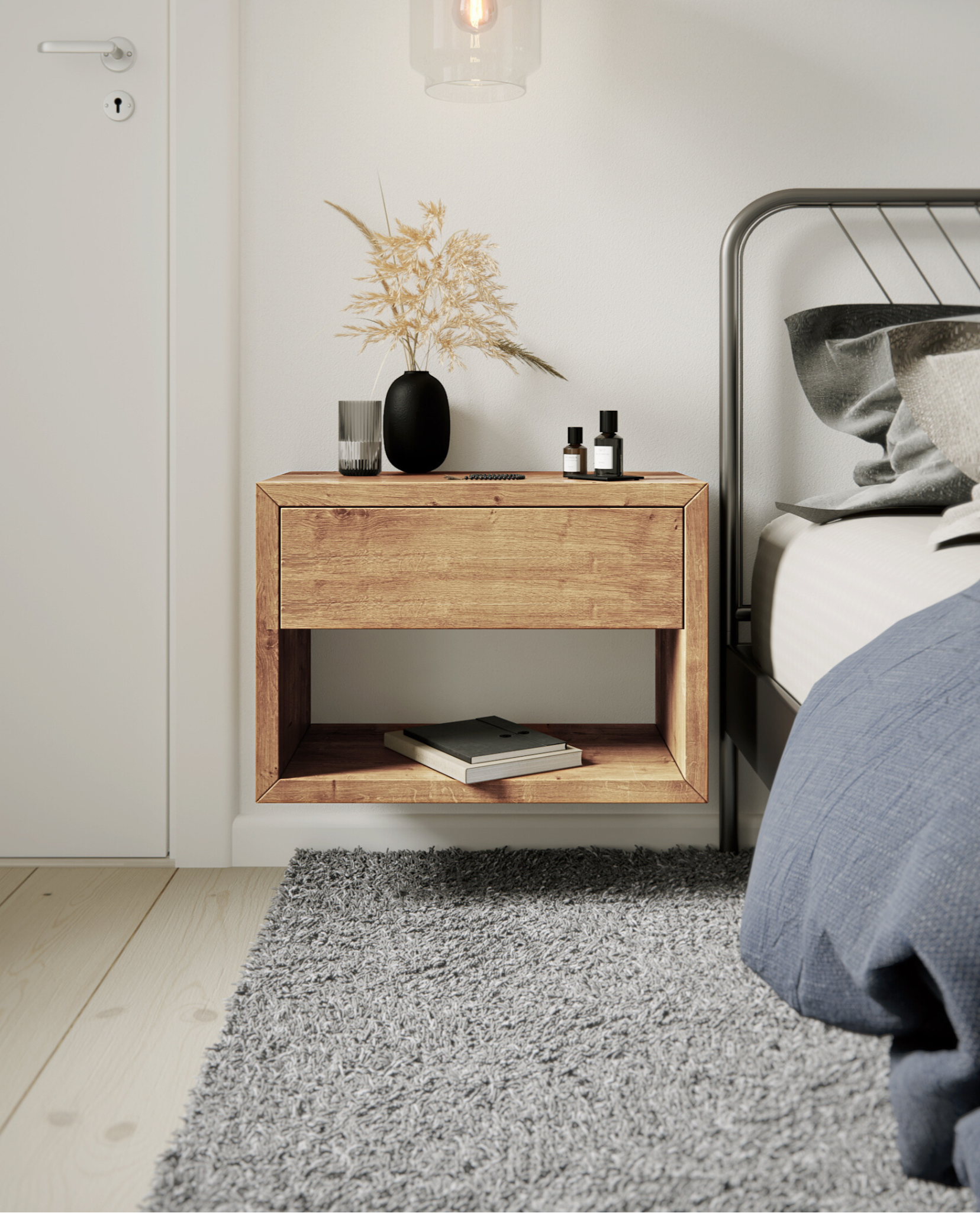 Floating Wide Nightstand Hugo With Drawer
